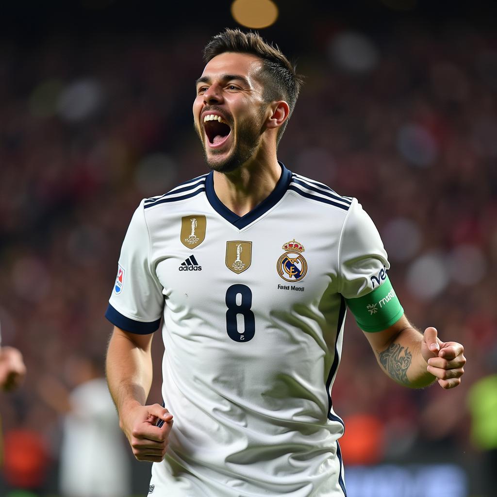 Fede Valverde celebrates a goal in his Real Madrid number 8 jersey