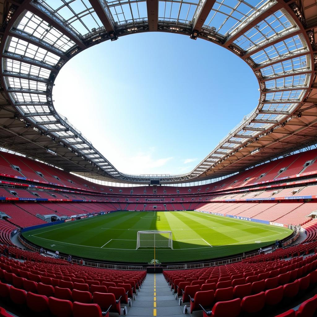 Sân vận động Wanda Metropolitano với kiến trúc hiện đại, mái che ấn tượng và khán đài rộng lớn, tạo nên không gian đẳng cấp cho các trận đấu bóng đá.