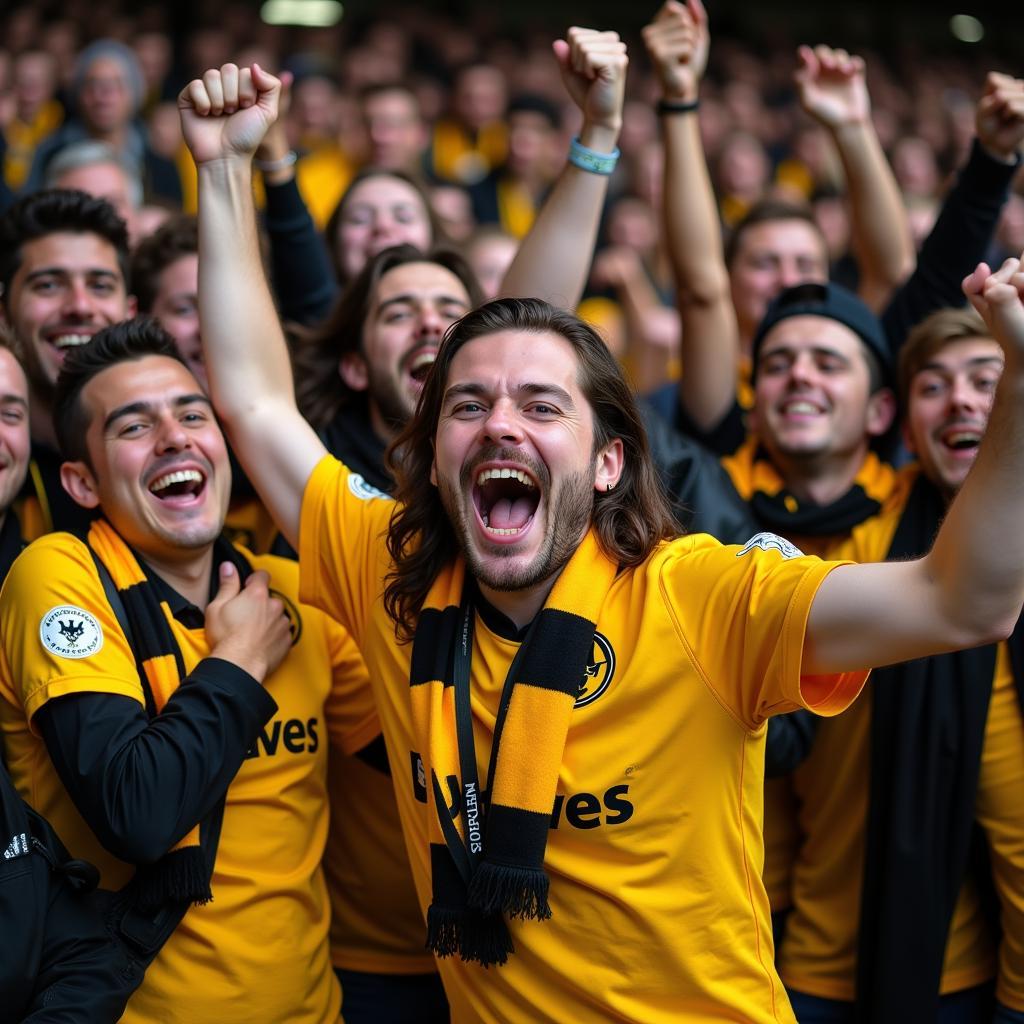 Wolverhampton Wanderers fans celebrating a victory.