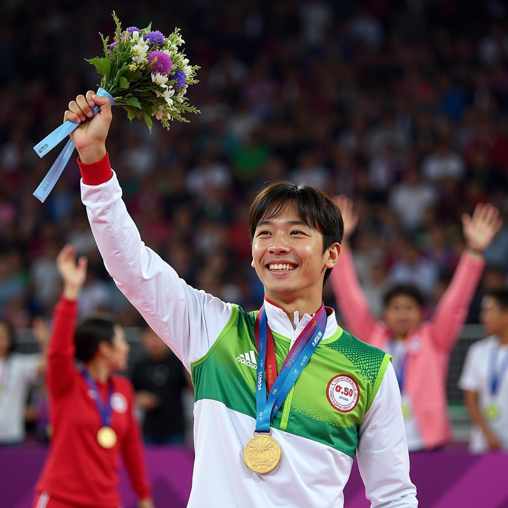 Yuto Horigome celebrating his Olympic gold medal win