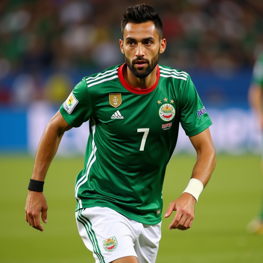 Hình ảnh Miguel Layun thi đấu với áo đấu của đội tuyển quốc gia Mexico.