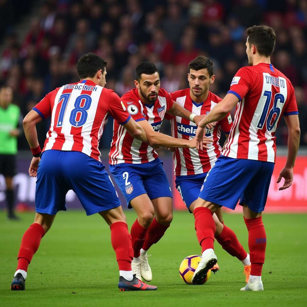 Atlético de Madrid players executing their signature defensive tactics during a match.