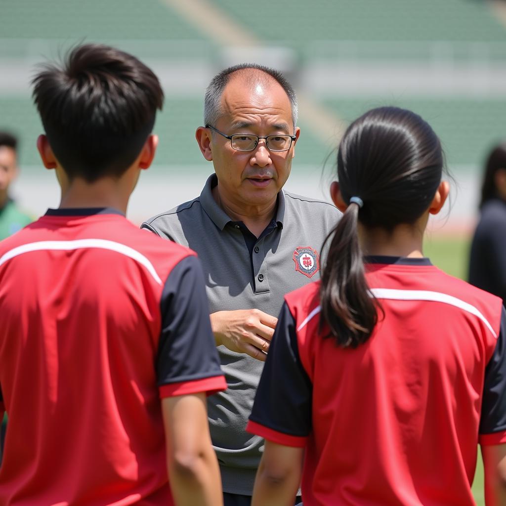 Baek Jong-bum đang hướng dẫn chiến thuật cho các cầu thủ trẻ.