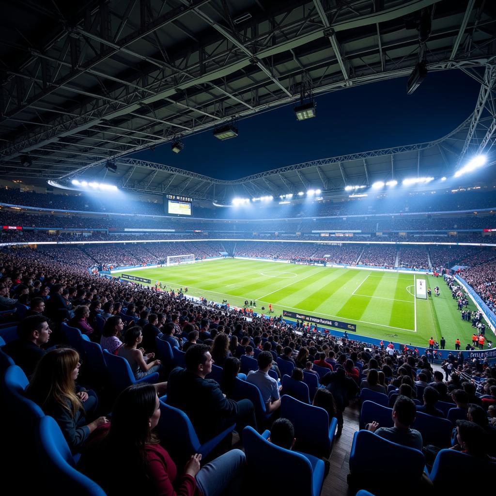 Không gian bên trong sân vận động BBVA Stadium Monterrey với hệ thống ánh sáng hiện đại và chỗ ngồi thoải mái.