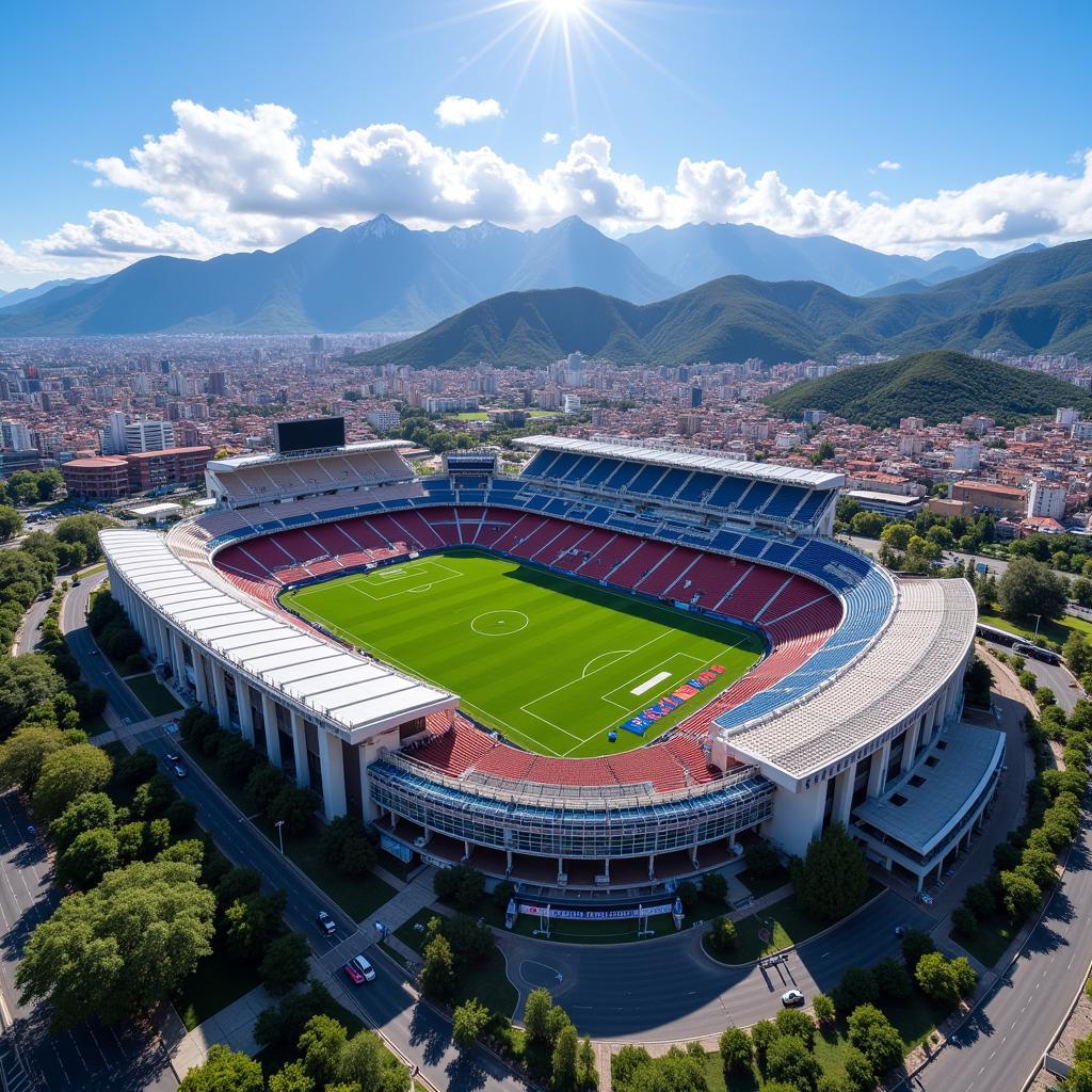 Toàn cảnh sân vận động BBVA Stadium Monterrey với sức chứa khổng lồ, được bao quanh bởi khung cảnh núi non hùng vĩ.