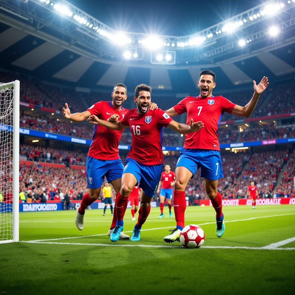Puerto Rican soccer players celebrating a goal in a packed stadium.