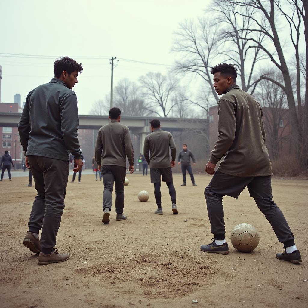 Bowery FC thời kỳ đầu: Cầu thủ tập luyện trên sân cỏ gồ ghề với trang phục giản dị.