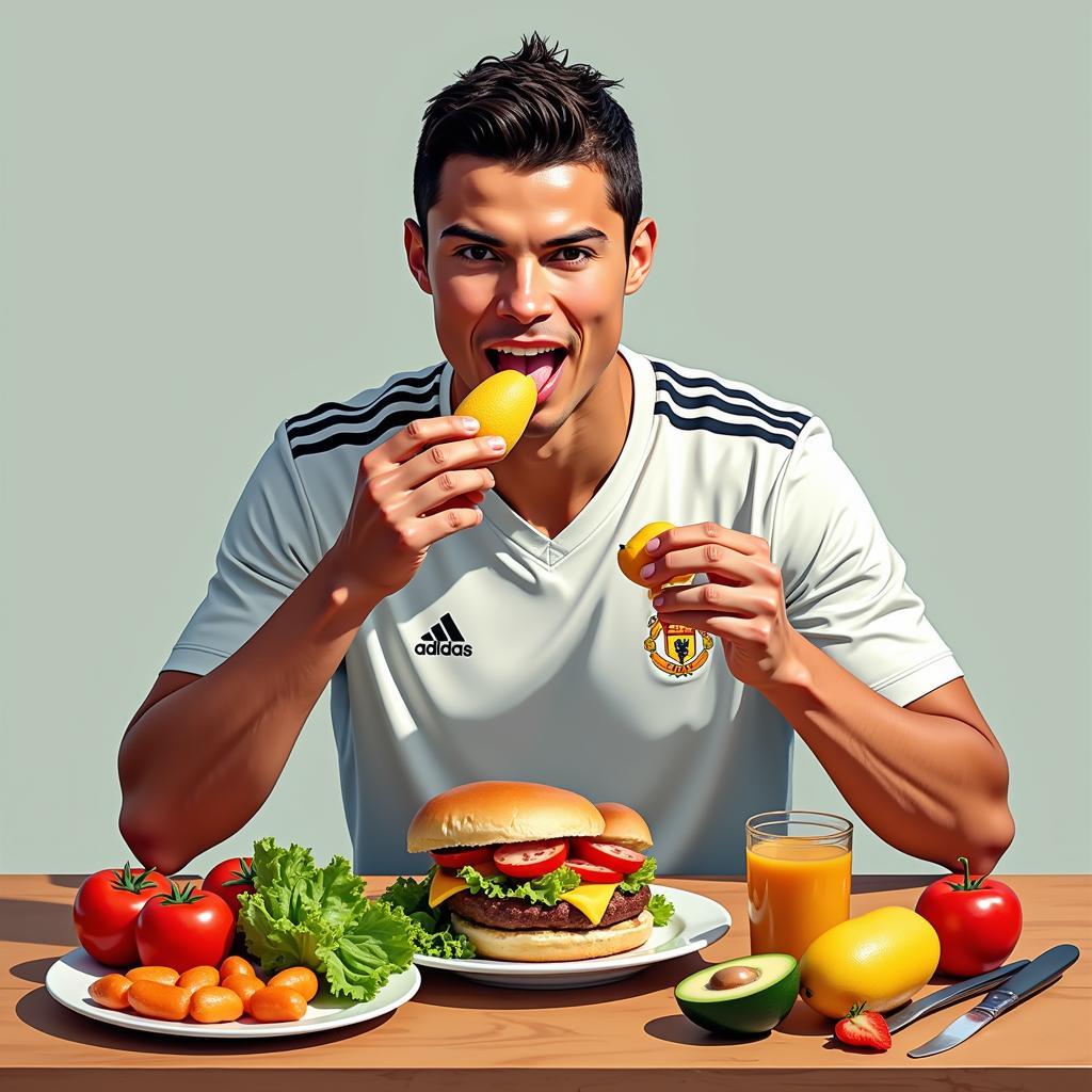 Chế độ ăn uống khoa học cho cầu thủ bóng đá: Cristiano Ronaldo thưởng thức bữa ăn giàu dinh dưỡng.