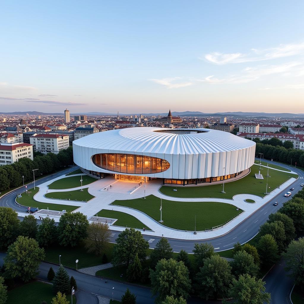 Toàn cảnh bên ngoài sân vận động Cluj Arena, kiến trúc hiện đại nổi bật giữa thành phố.