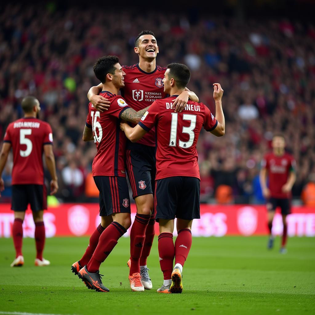 Angel Di Maria celebrating a goal with his teammates, expressing joy and camaraderie.