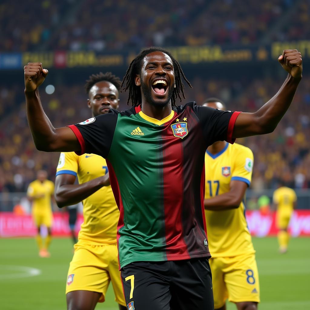 Dieumerci Mbokani ăn mừng bàn thắng trong màu áo tuyển Congo