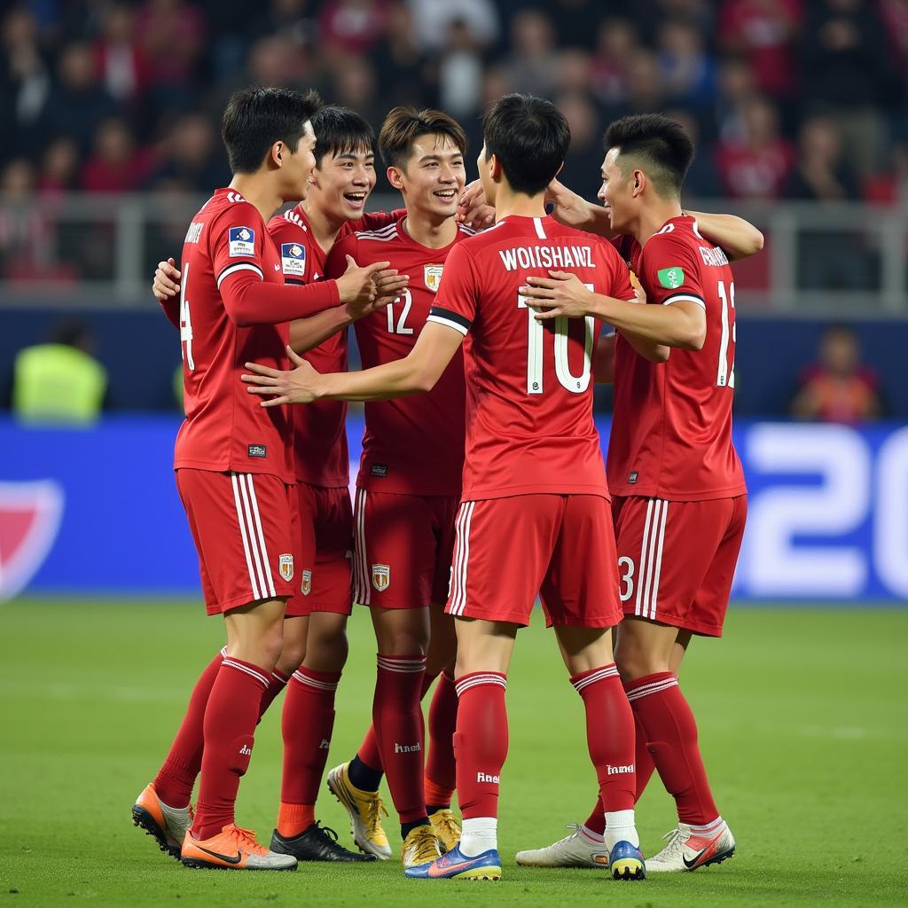 Đội hình Gimcheon Sangmu ăn mừng chiến thắng tại K-League