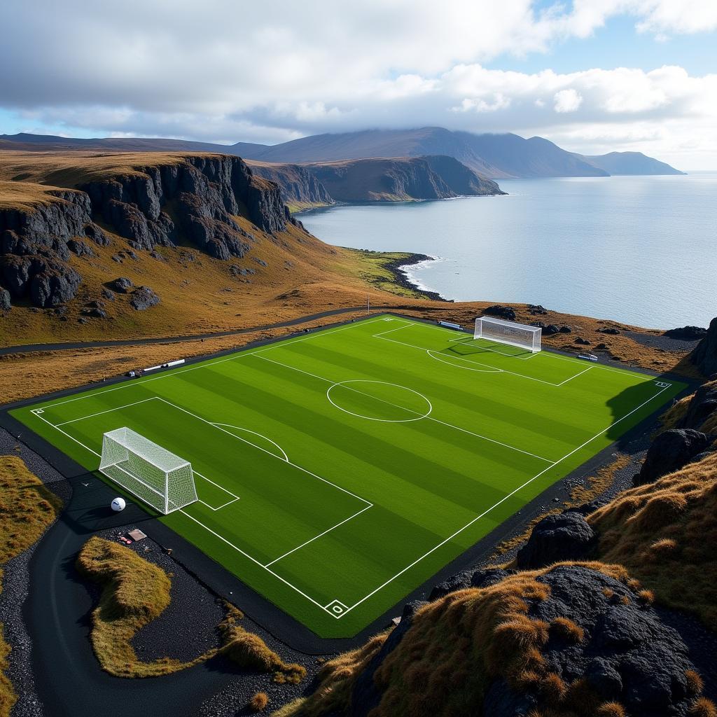 Sân bóng đá Grenivík Iceland nhìn từ trên cao với khung cảnh hùng vĩ
