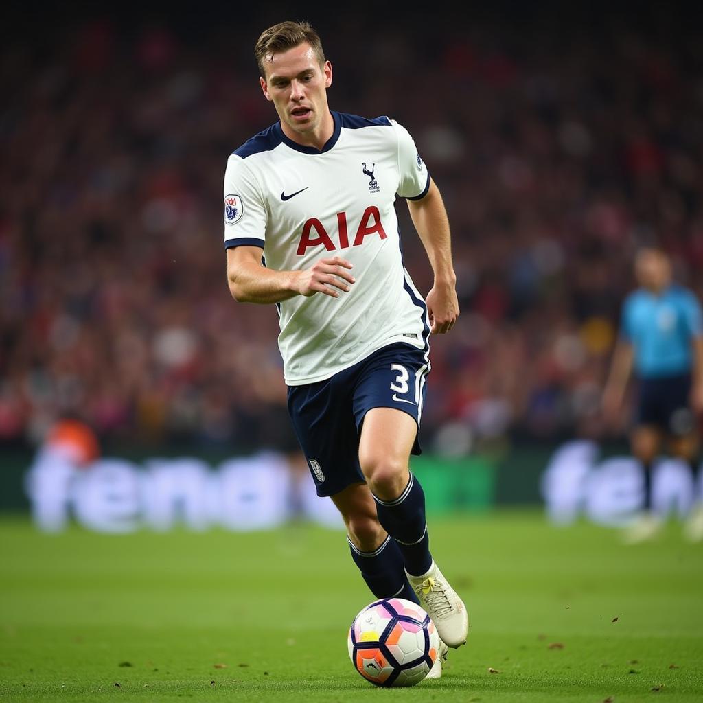 Harry Kane dribbling the ball past a defender