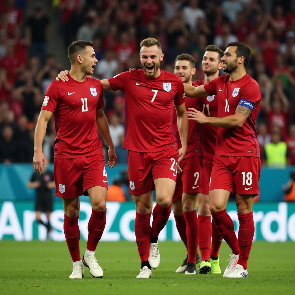 Joakim Mæhle trong màu áo tuyển Đan Mạch, ăn mừng bàn thắng tại EURO 2020.