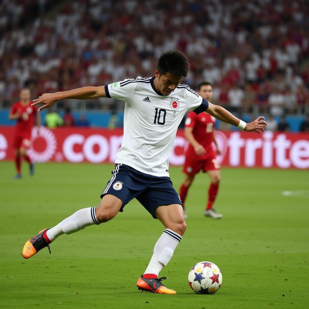 Keisuke Honda thực hiện cú sút phạt thành bàn trong màu áo đội tuyển quốc gia Nhật Bản.