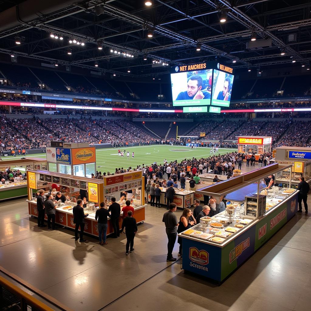 Khu vực ẩm thực tại SeatGeek Stadium: Hình ảnh đa dạng các quầy hàng ẩm thực phục vụ khán giả.