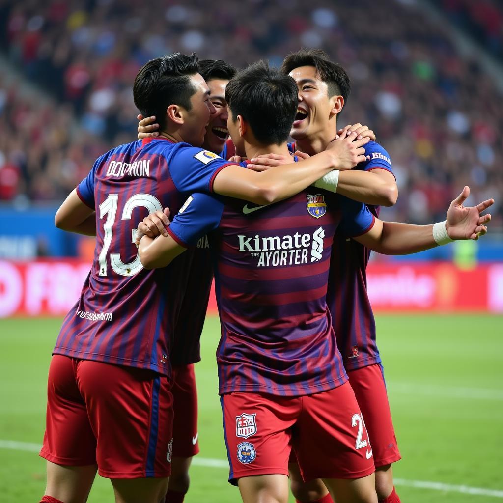 Kim Tae Joon ăn mừng bàn thắng cùng đồng đội