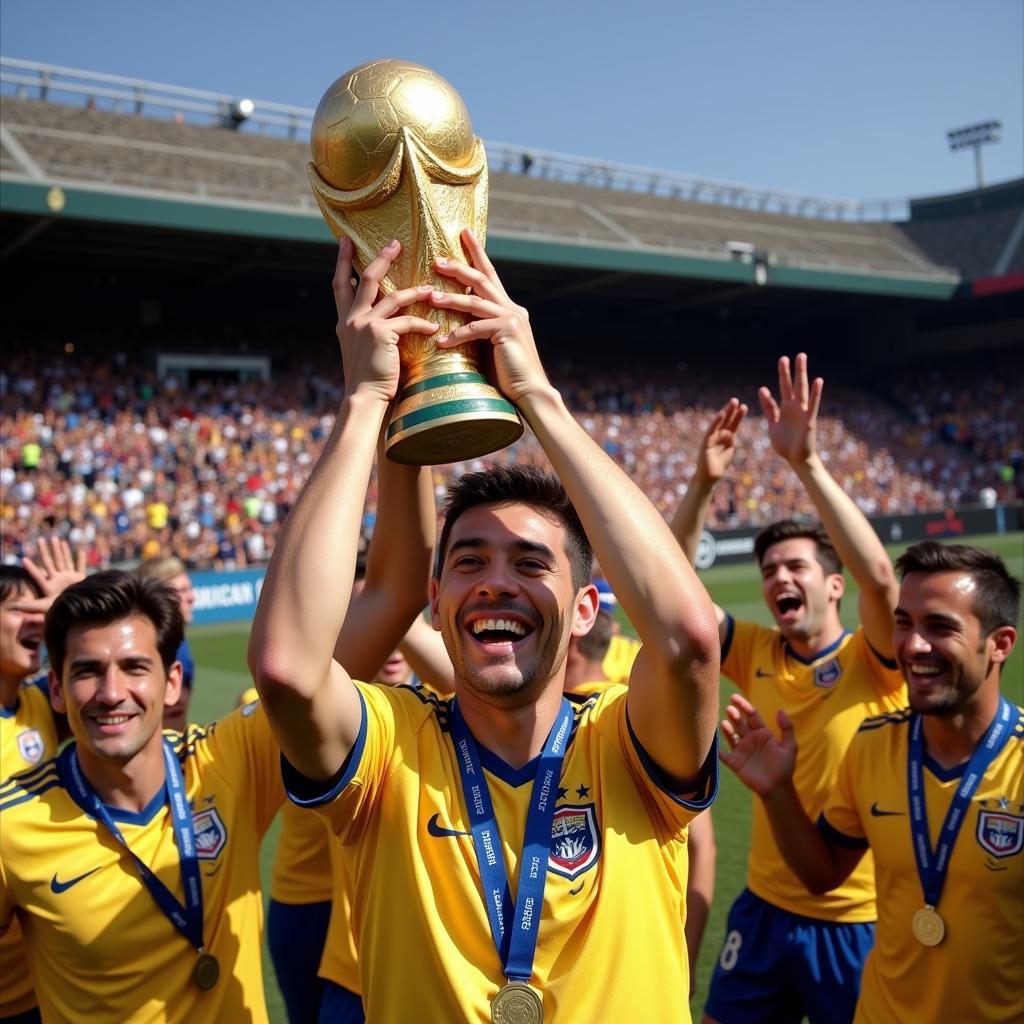 Lionel Scaloni lifting the FIFA World Cup trophy