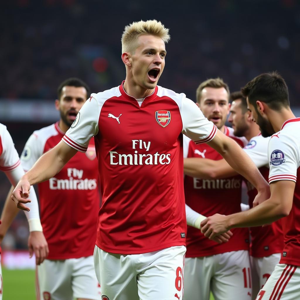 Oleksandr Zinchenko celebrating a goal with Arsenal teammates.