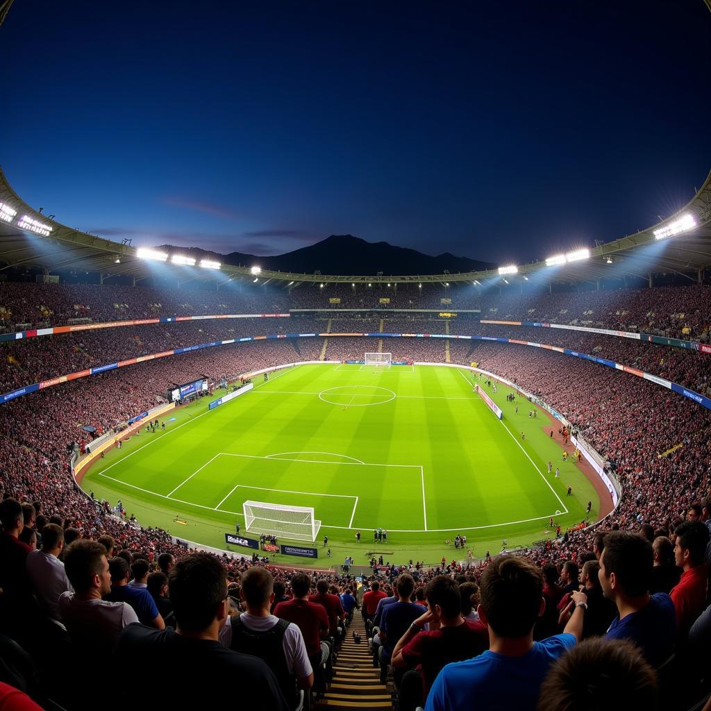 Toàn cảnh Pumas Stadium về đêm, lung linh ánh đèn và đầy ắp khán giả.