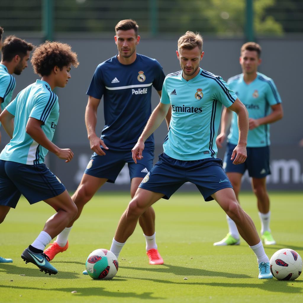 Cầu thủ Real Madrid C đang tập luyện trên sân tập.