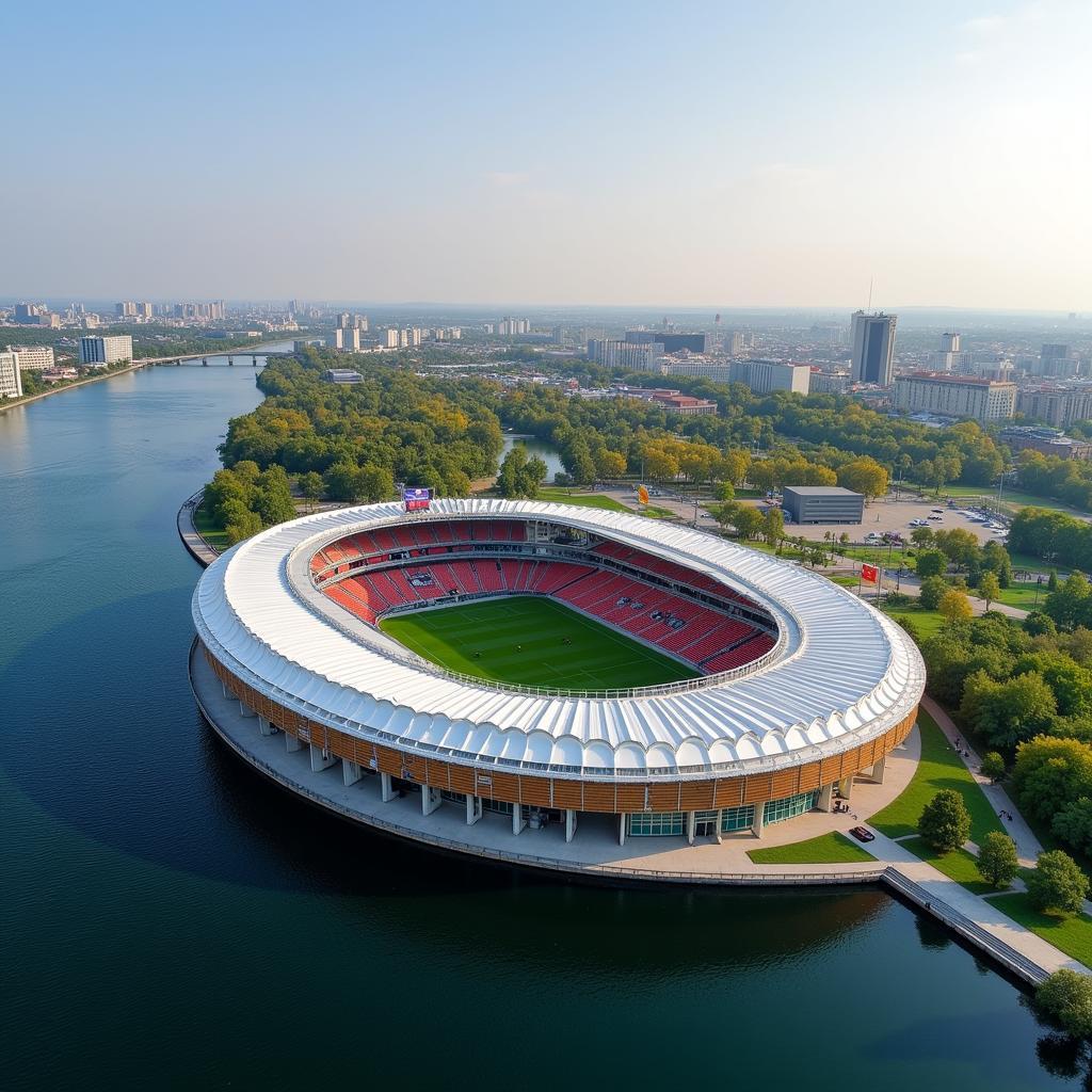 Rostov Arena nằm bên bờ sông Don, thể hiện vẻ đẹp của sân vận động hòa quyện với cảnh quan thiên nhiên xung quanh.