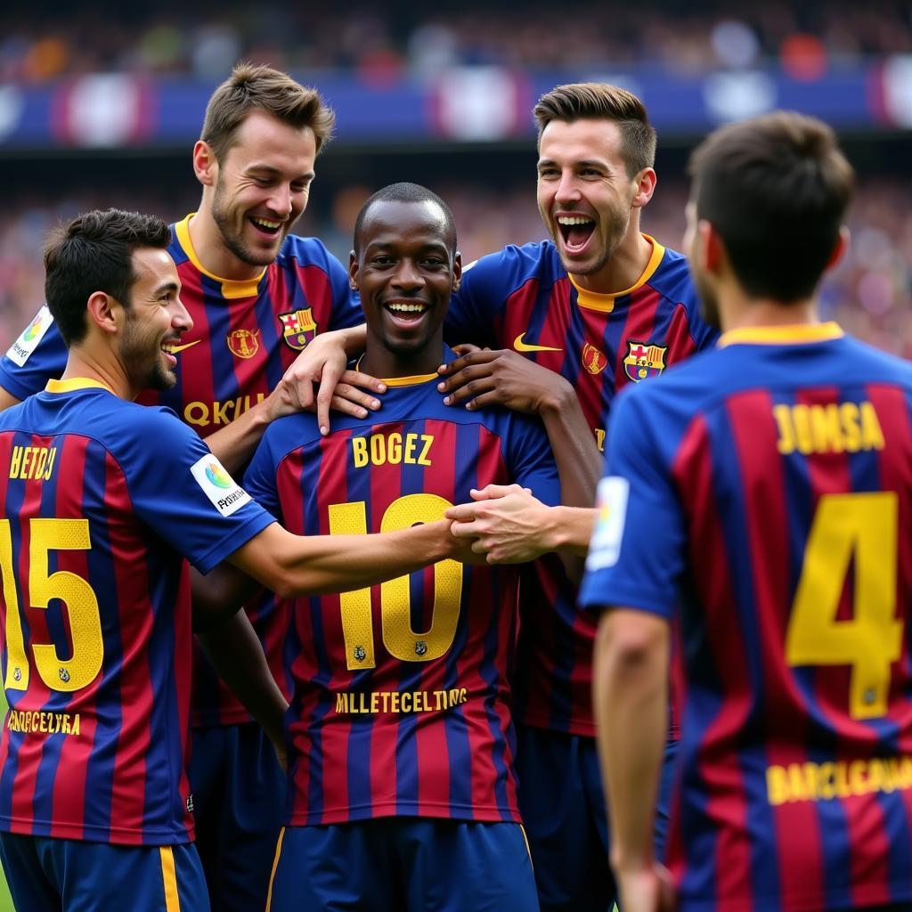 Samuel Eto'o cùng đồng đội Barcelona ăn mừng chiến thắng