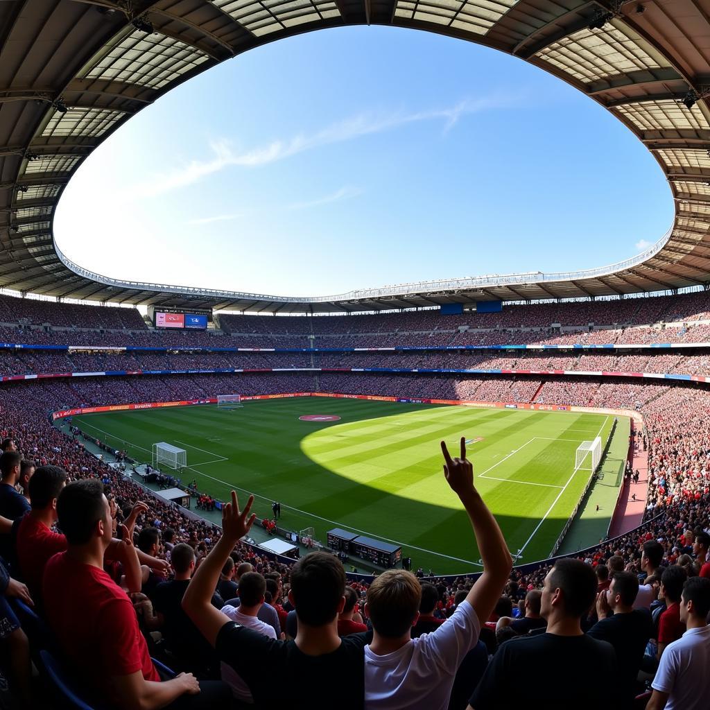 Toàn cảnh sân vận động Girona Stadium vào một buổi chiều nắng đẹp, với khán đài đông đảo người hâm mộ và không khí sôi động của một trận đấu sắp diễn ra.