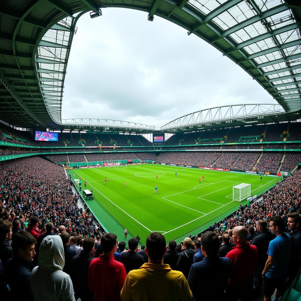 The largest stadium in Ireland, filled with cheering fans during a football match.