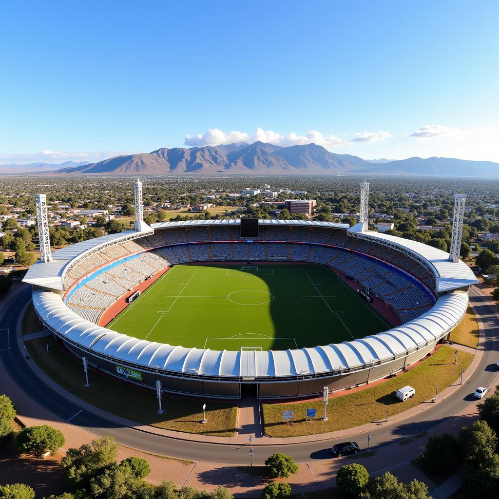 Toàn cảnh sân vận động Mmabatho Stadium với sức chứa 59.000 khán giả, tọa lạc tại Mahikeng, Nam Phi, là nơi diễn ra các trận đấu quan trọng của African Cup of Nations và vòng loại World Cup.