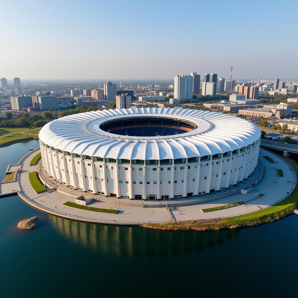 Rostov Arena nhìn từ trên cao, thể hiện kiến trúc độc đáo và quy mô hoành tráng của sân vận động.