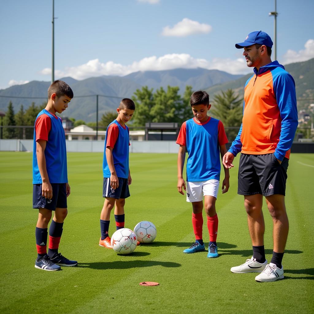 Young Puerto Rican soccer players training on a field with a coach.
