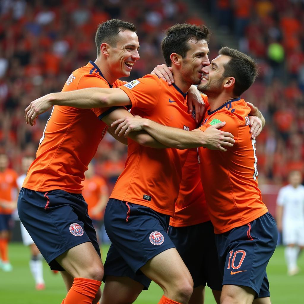 Van Persie ăn mừng bàn thắng cùng đồng đội trong màu áo đội tuyển Hà Lan.