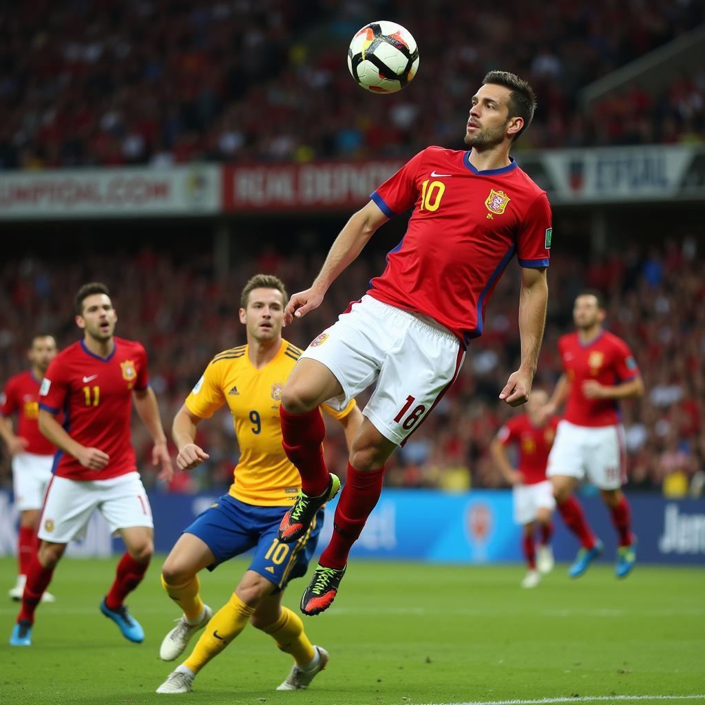 Van Persie thực hiện cú đánh đầu "cá chuồn" huyền thoại vào lưới Tây Ban Nha tại World Cup 2014.