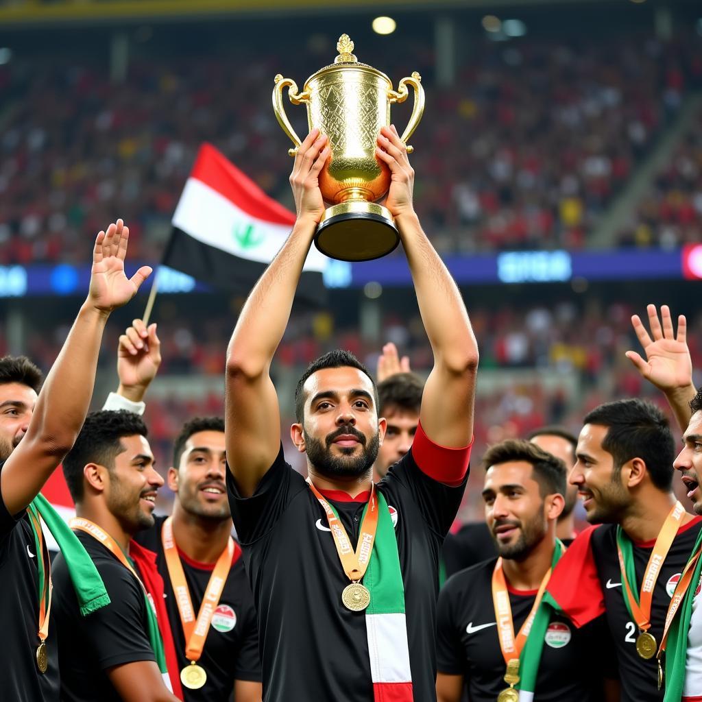Younis Mahmoud nâng cao chiếc cúp vô địch Asian Cup 2007, khoảnh khắc lịch sử của bóng đá Iraq.