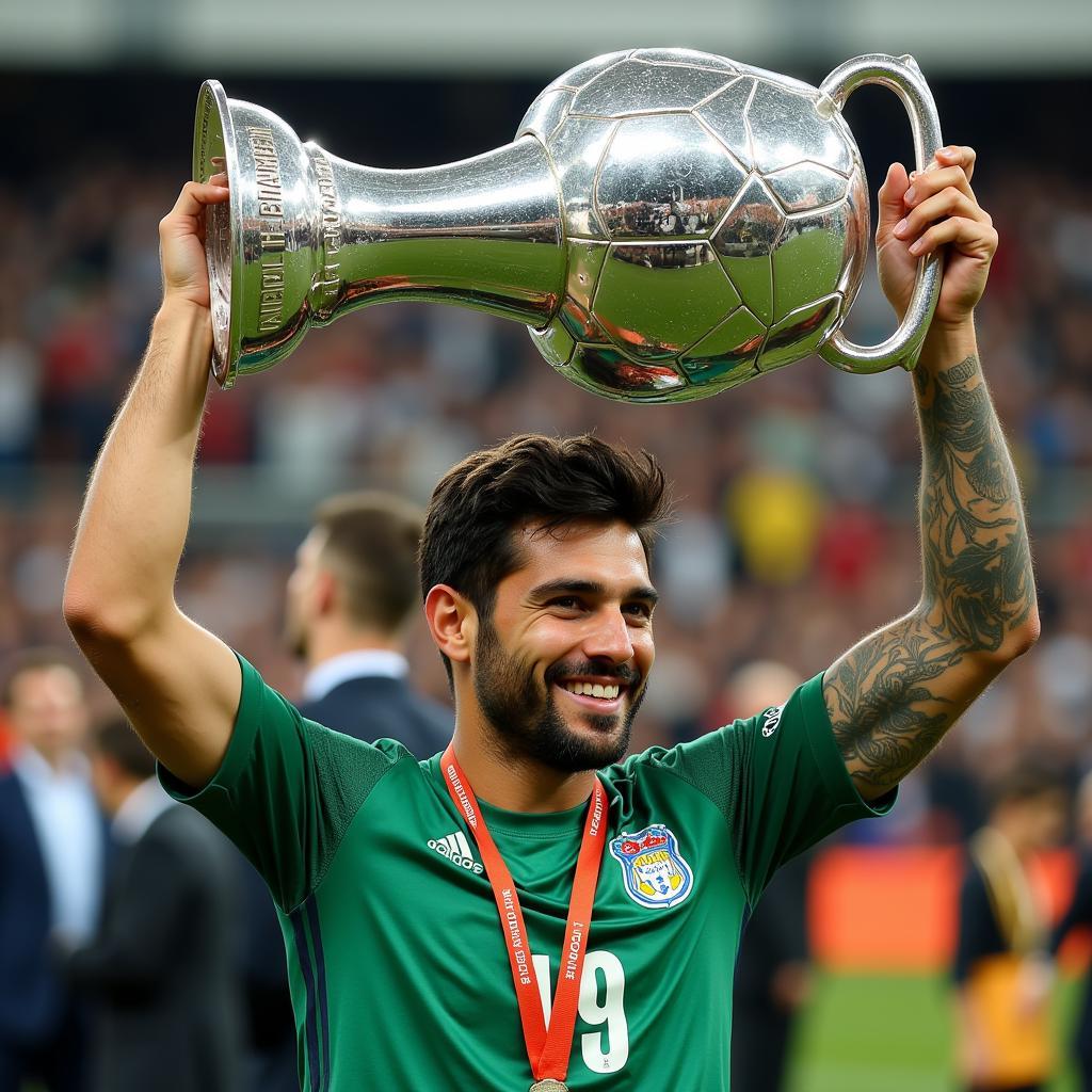 Alisson Becker lifting a trophy