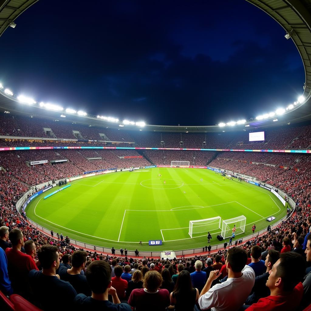 Toàn cảnh Austin Bold Stadium về đêm, lung linh ánh đèn, khán đài đông nghịt người hâm mộ đang theo dõi trận đấu.