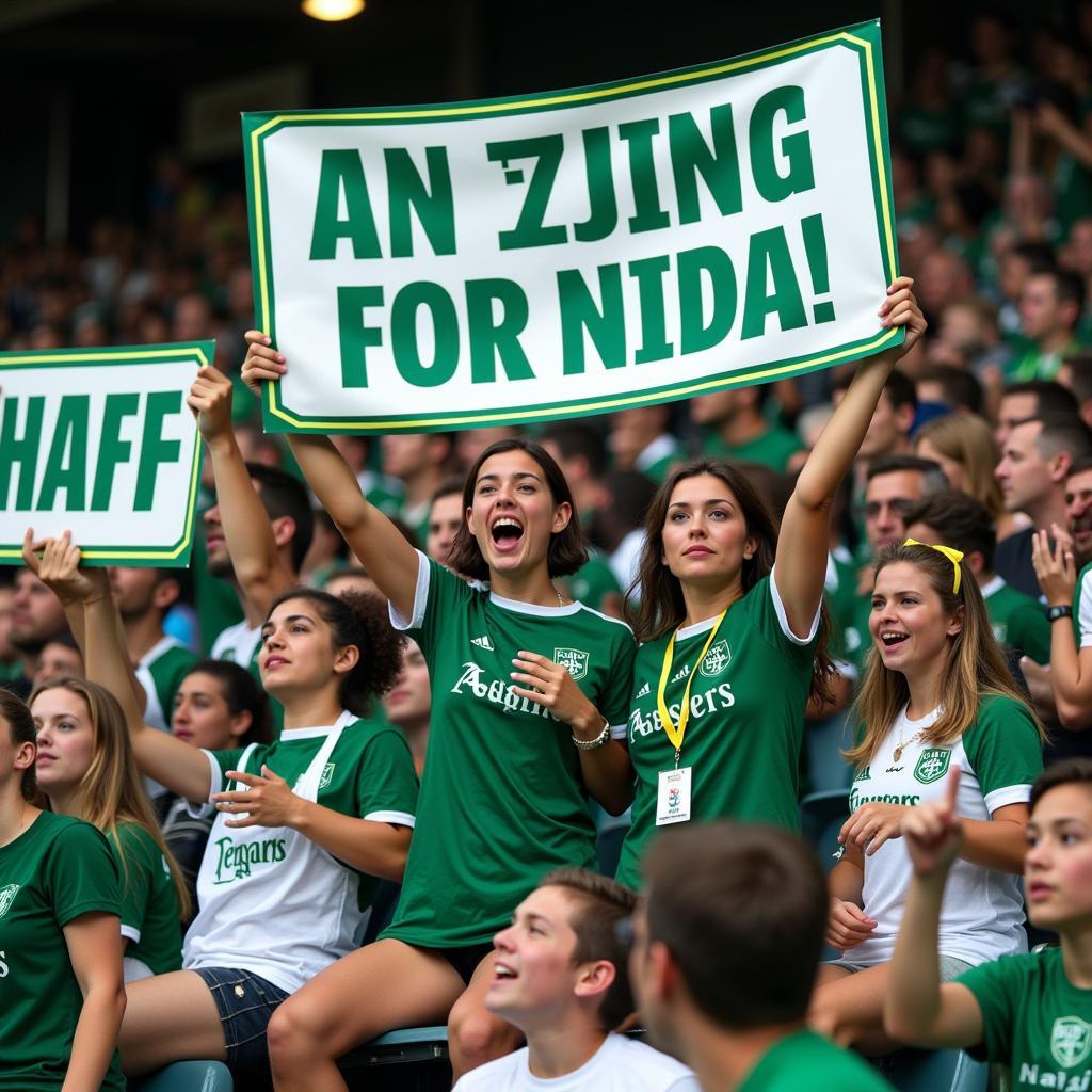 Hình ảnh các CĐV Austin FC giương cao banner và hát vang các bài chant, thể hiện sự đoàn kết và ủng hộ đội bóng.