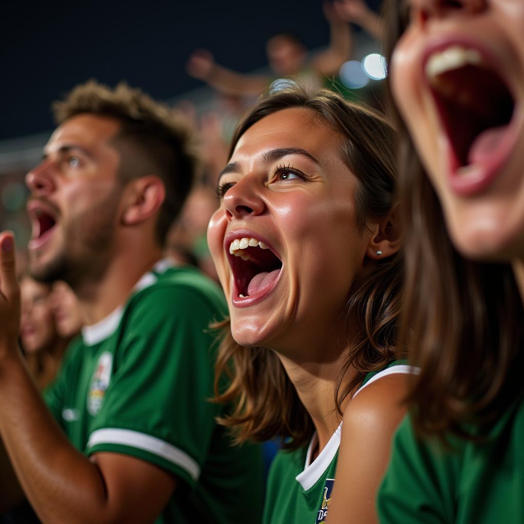 Hình ảnh cận cảnh các CĐV Austin FC với khuôn mặt đầy phấn khích và niềm đam mê khi hát vang các bài chant.
