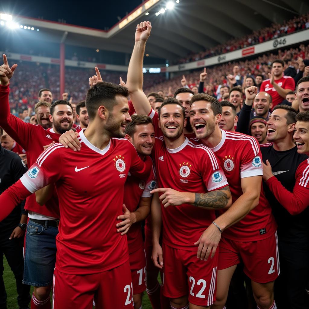 Các cầu thủ Union Berlin players ăn mừng chiến thắng cùng người hâm mộ.