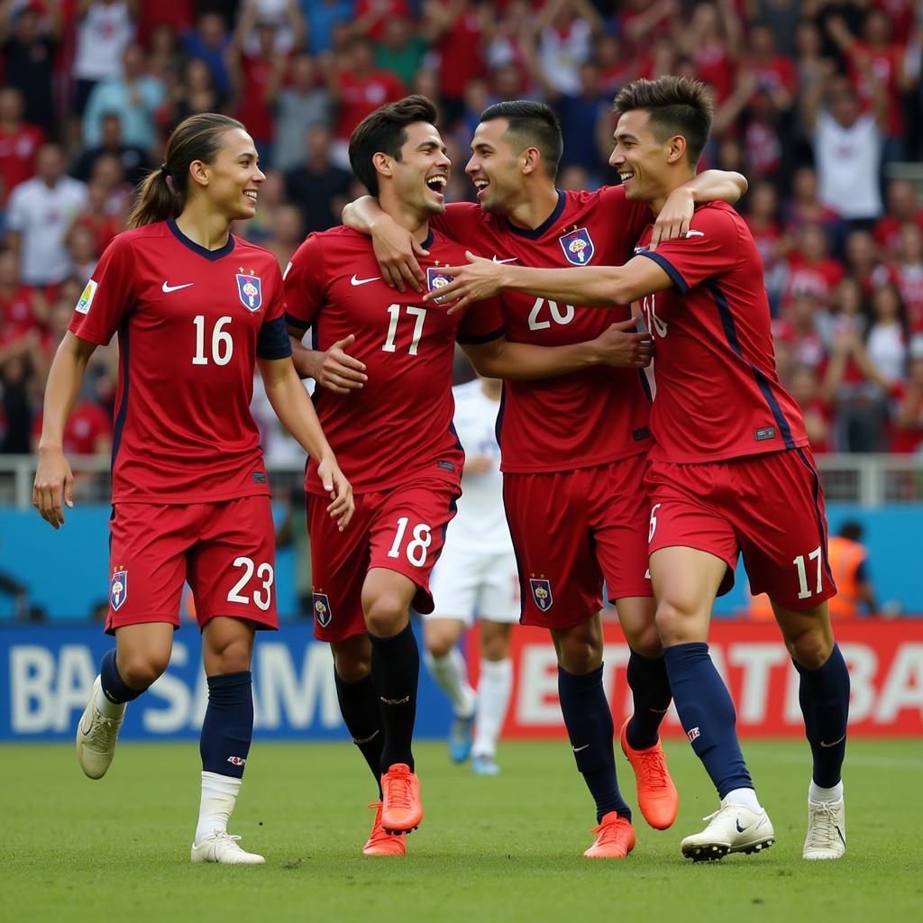 Celso Borges ăn mừng bàn thắng cùng đồng đội trong màu áo Costa Rica.