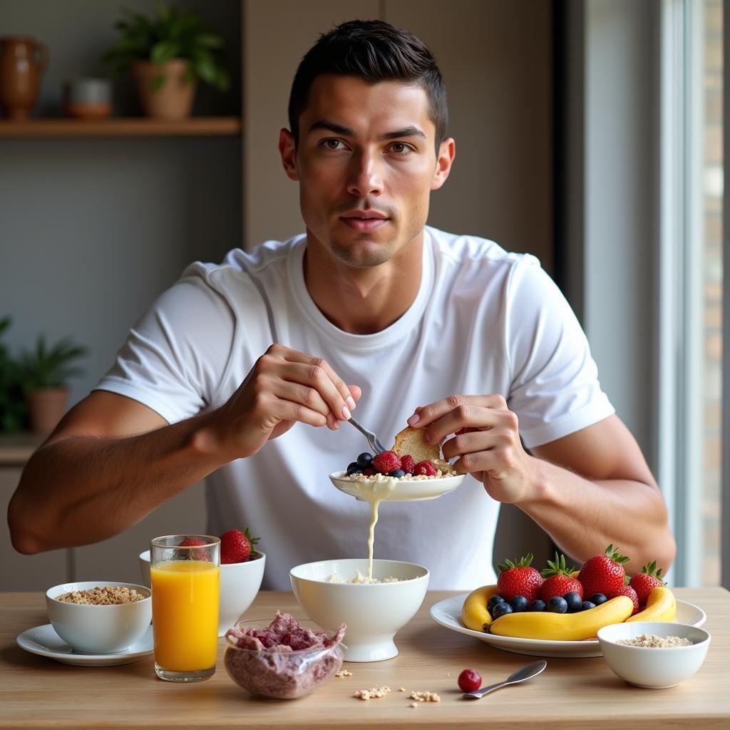 Chế độ dinh dưỡng khoa học cho cầu thủ bóng đá: Cristiano Ronaldo ăn bữa sáng với trái cây, ngũ cốc và sữa chua.