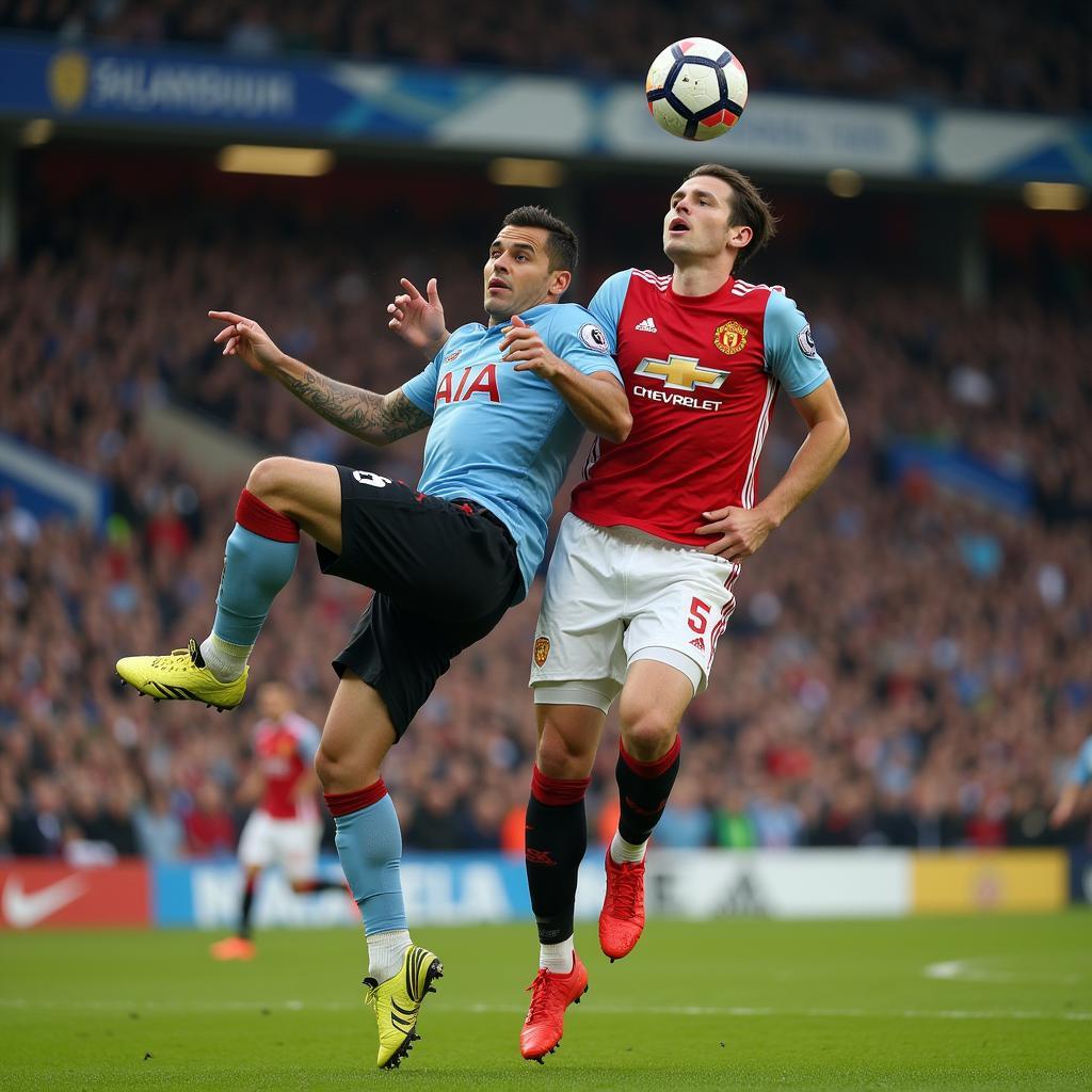 Harry Amass competing for a header in an aerial duel