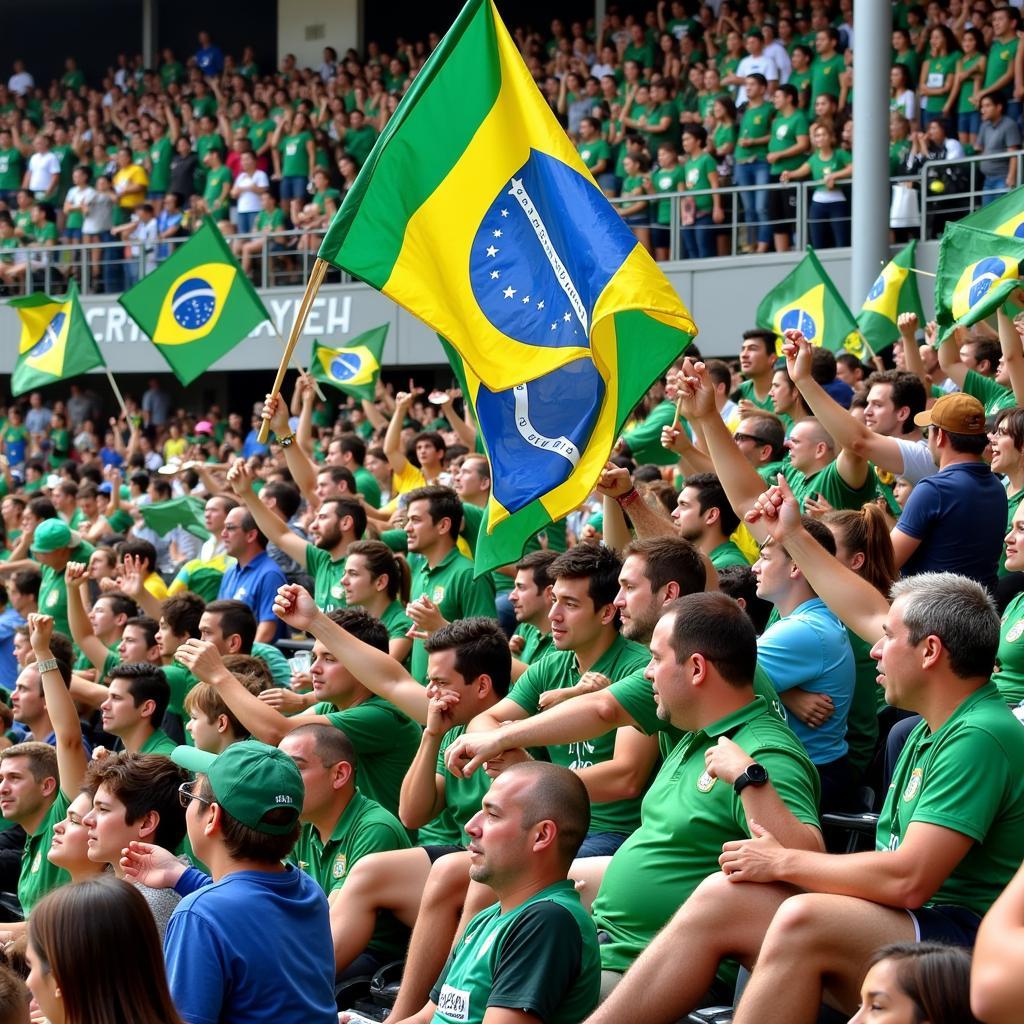 Hình ảnh khán giả cuồng nhiệt trên khán đài Itaipava Arena Fonte Nova, cờ hoa rực rỡ, tạo nên một bầu không khí lễ hội.