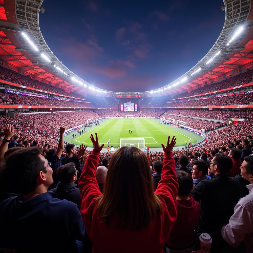 Hình ảnh khán giả đang reo hò cổ vũ tại sân vận động Olympic Stadium Seoul, tạo nên một bầu không khí sôi động và cuồng nhiệt.