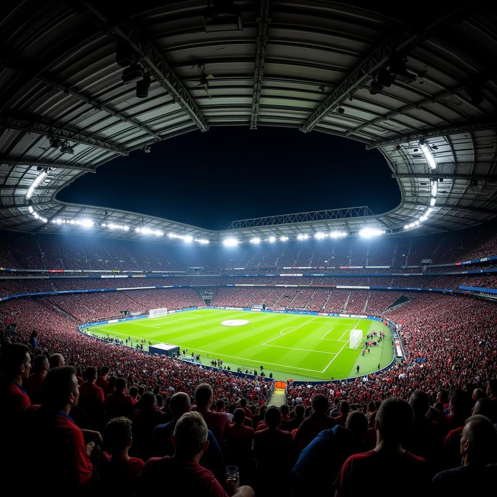 Không gian bên trong sân vận động Arena do Grêmio với khán đài đông đảo người hâm mộ và hệ thống ánh sáng hiện đại.