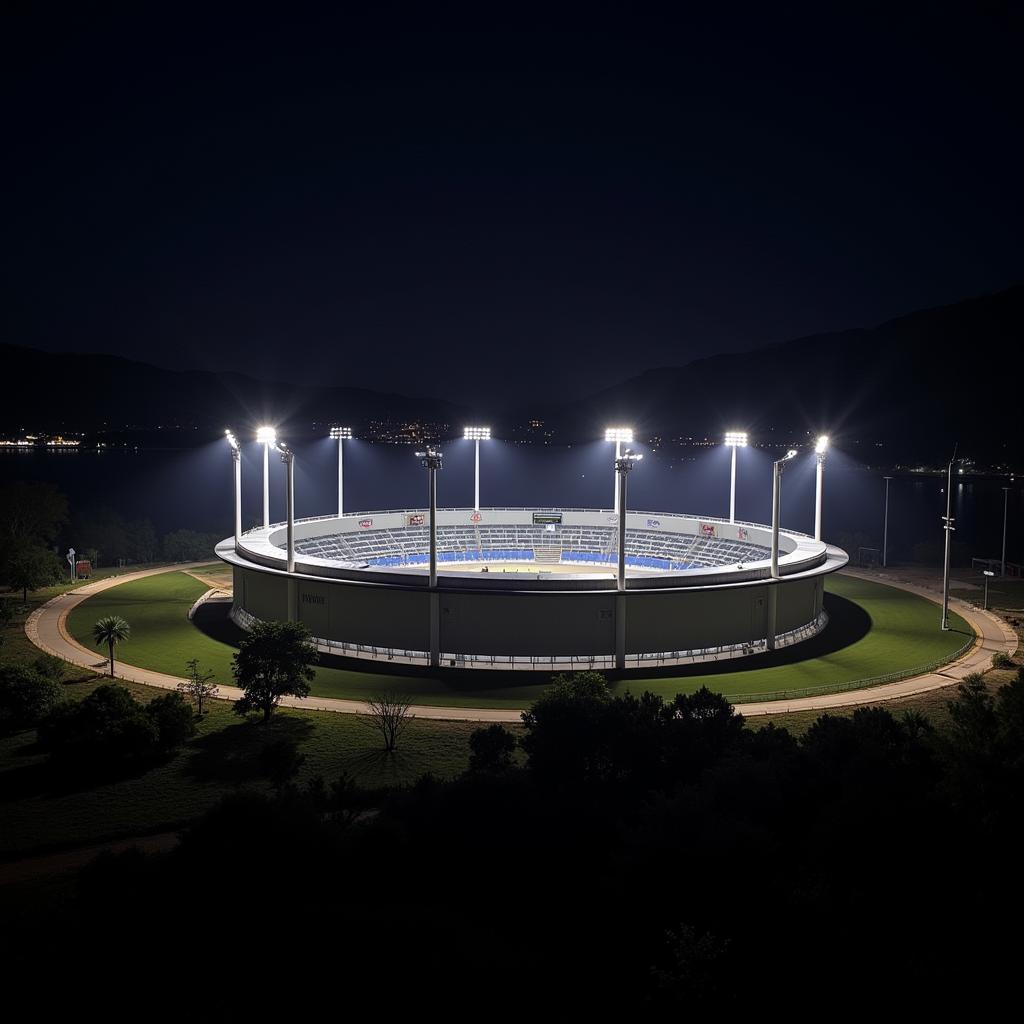 Hình ảnh Itaipava Arena Fonte Nova lung linh về đêm, ánh đèn rực rỡ, tạo nên một khung cảnh đẹp mắt.