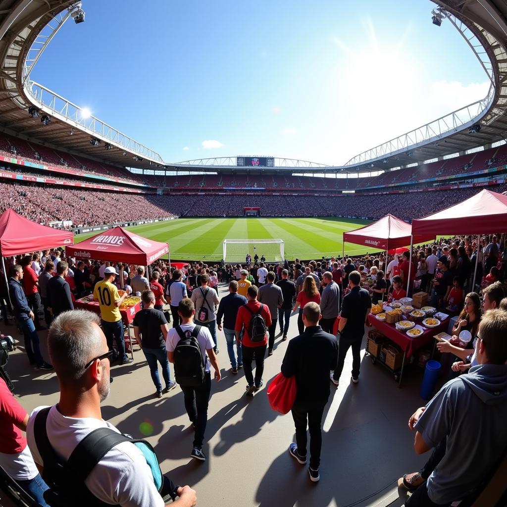 The exterior of the Krakow football stadium on a match day, bustling with activity.