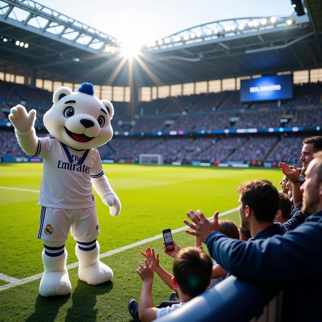 Linh vật Real Madrid trên sân Bernabéu chào đón người hâm mộ